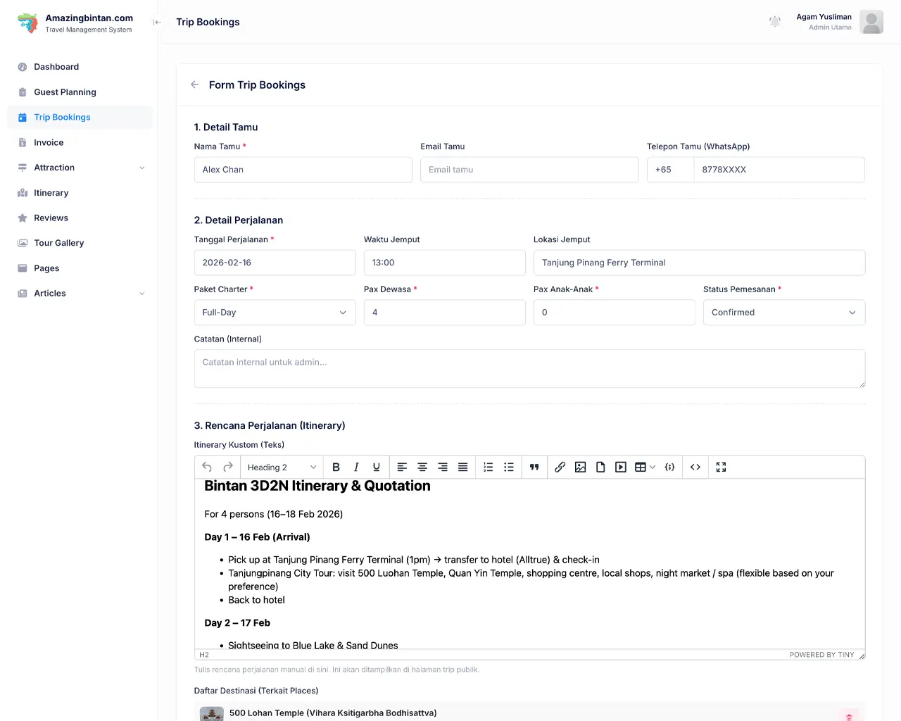 Admin Trip Bookings Form