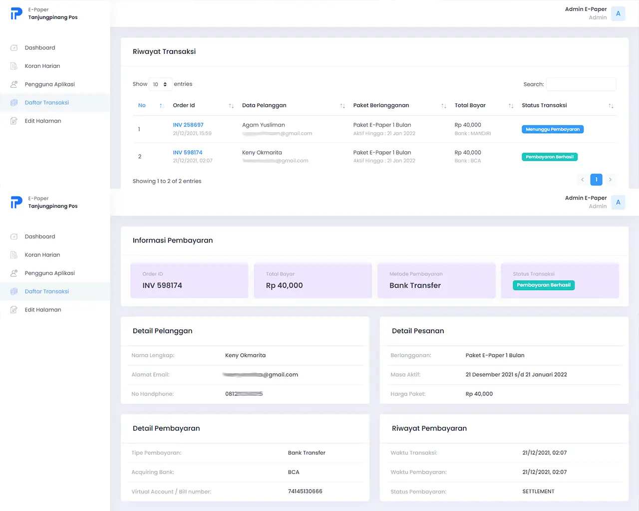 Admin Transaction History